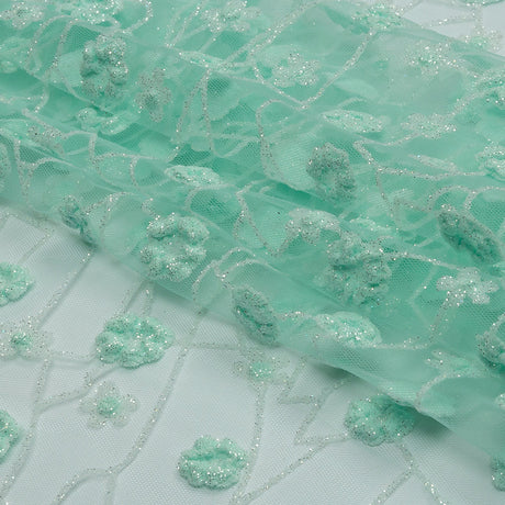 3D Puffy Glitter Tulle - Mint and White Flowers and Geometric Stems