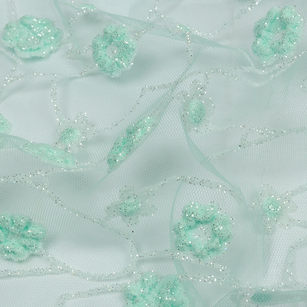 3D Puffy Glitter Tulle - Mint and White Flowers and Geometric Stems