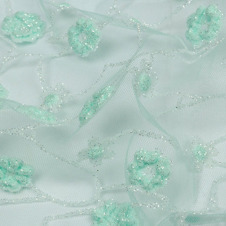 3D Puffy Glitter Tulle - Mint and White Flowers and Geometric Stems
