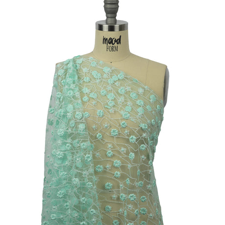 3D Puffy Glitter Tulle - Mint and White Flowers and Geometric Stems
