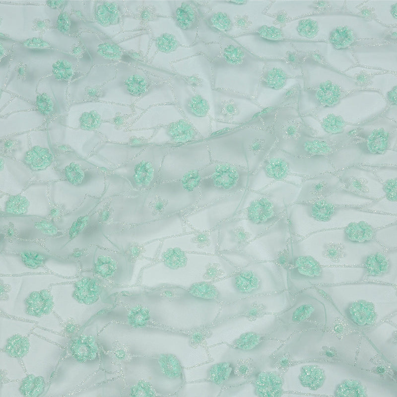 3D Puffy Glitter Tulle - Mint and White Flowers and Geometric Stems