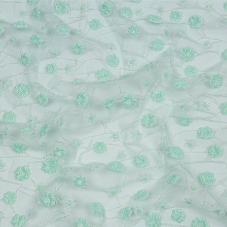 3D Puffy Glitter Tulle - Mint and White Flowers and Geometric Stems