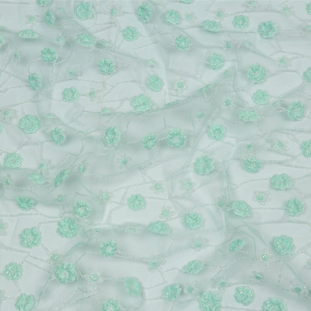 3D Puffy Glitter Tulle - Mint and White Flowers and Geometric Stems