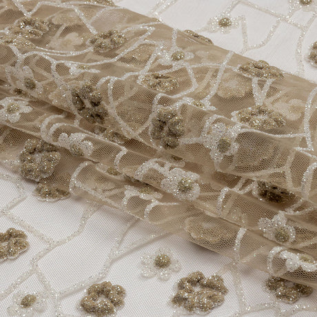 3D Puffy Glitter Tulle - Taupe and White Flowers and Geometric Stems