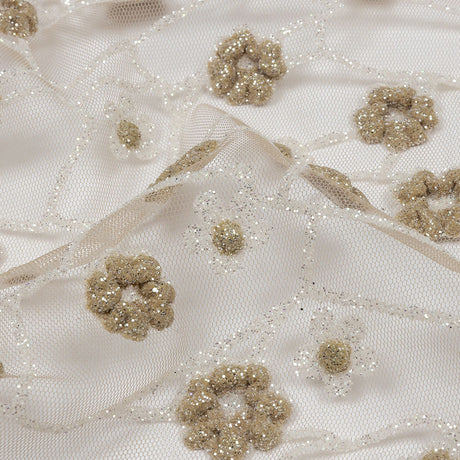 3D Puffy Glitter Tulle - Taupe and White Flowers and Geometric Stems