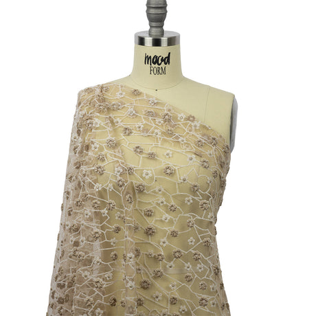 3D Puffy Glitter Tulle - Taupe and White Flowers and Geometric Stems