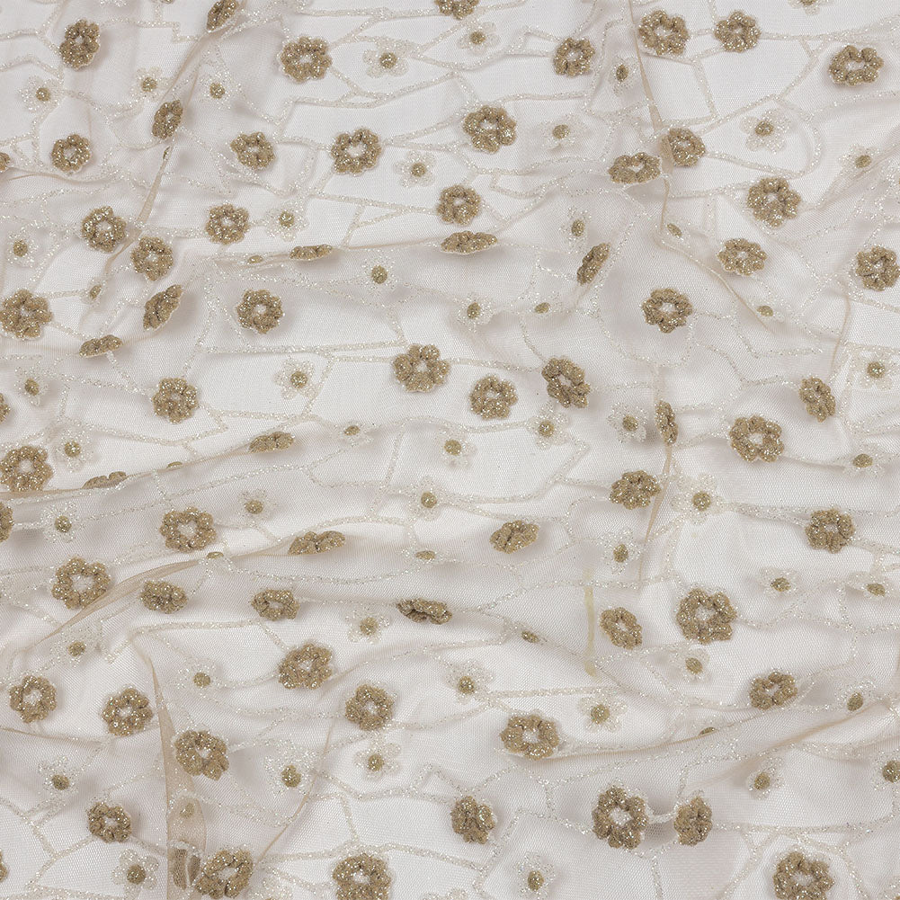 3D Puffy Glitter Tulle - Taupe and White Flowers and Geometric Stems