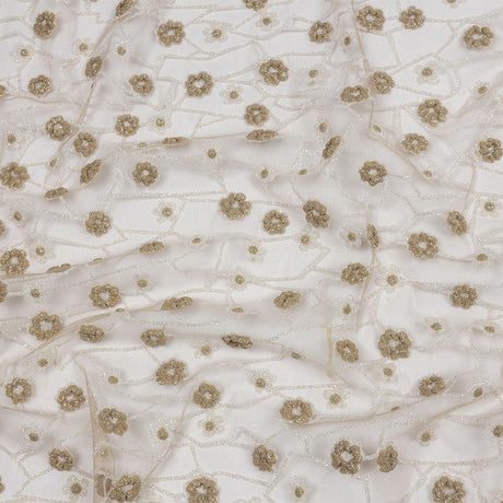 3D Puffy Glitter Tulle - Taupe and White Flowers and Geometric Stems