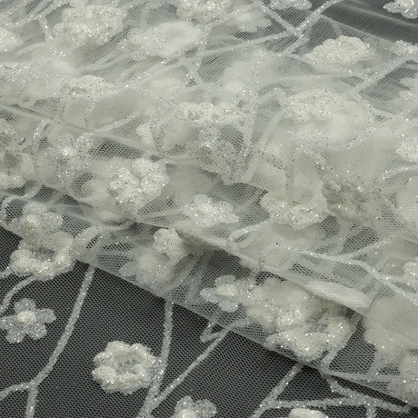 3D Puffy Glitter Tulle - White Flowers and Geometric Stems