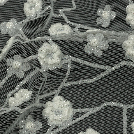 3D Puffy Glitter Tulle - White Flowers and Geometric Stems