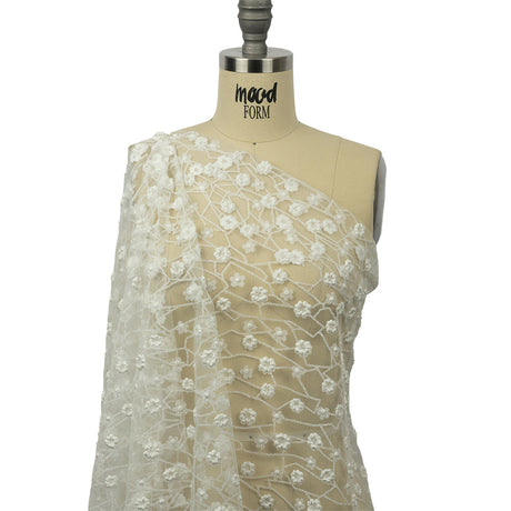 3D Puffy Glitter Tulle - White Flowers and Geometric Stems