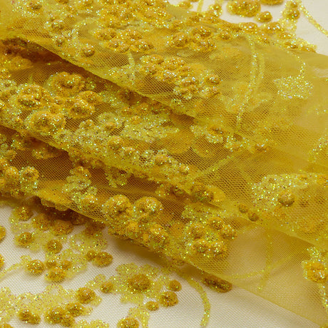 3D Puffy Glitter Tulle - Lemon and Mustard Floral Stripes