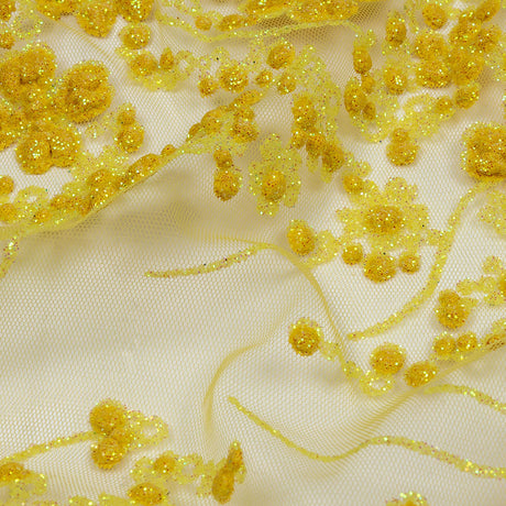 3D Puffy Glitter Tulle - Lemon and Mustard Floral Stripes