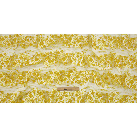 3D Puffy Glitter Tulle - Lemon and Mustard Floral Stripes