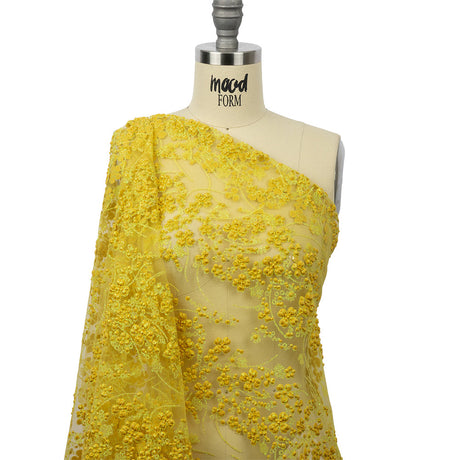 3D Puffy Glitter Tulle - Lemon and Mustard Floral Stripes