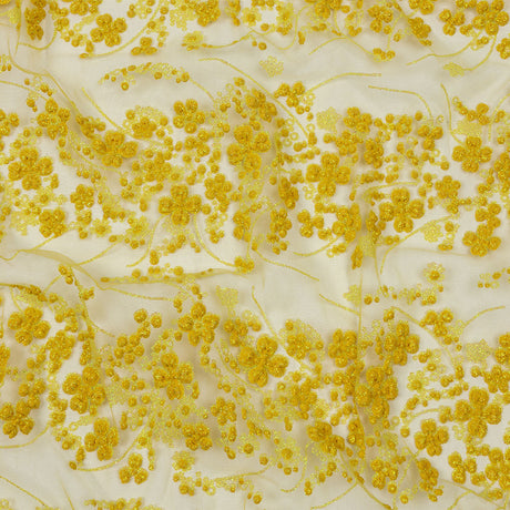 3D Puffy Glitter Tulle - Lemon and Mustard Floral Stripes