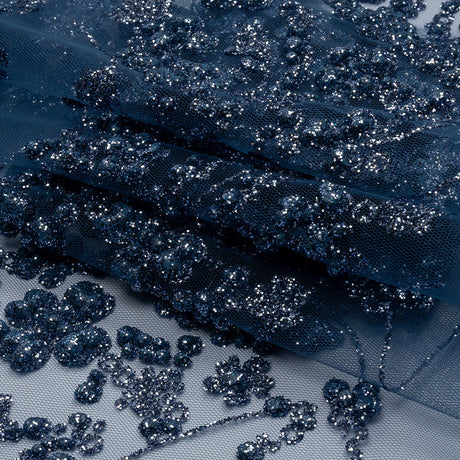 3D Puffy Glitter Tulle - Indigo Floral Stripes