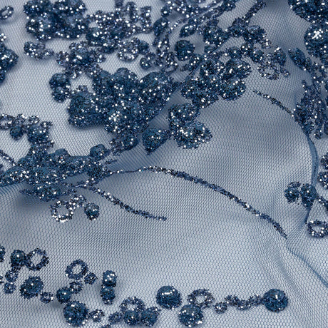 3D Puffy Glitter Tulle - Indigo Floral Stripes