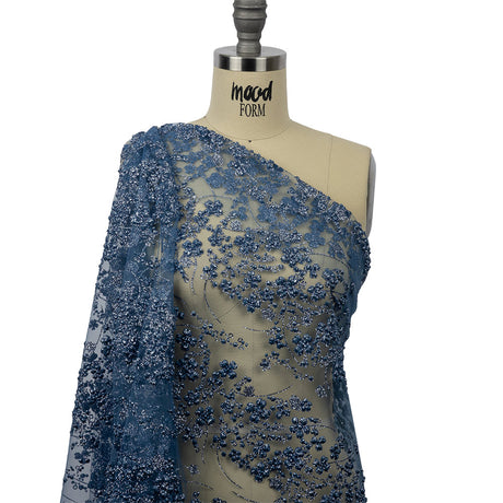 3D Puffy Glitter Tulle - Indigo Floral Stripes