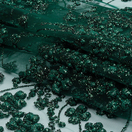 3D Puffy Glitter Tulle - Dark Emerald and Black Floral Stripes
