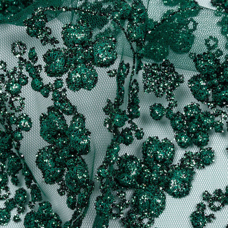3D Puffy Glitter Tulle - Dark Emerald and Black Floral Stripes