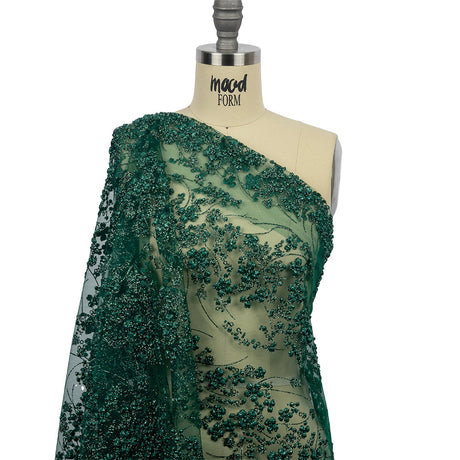 3D Puffy Glitter Tulle - Dark Emerald and Black Floral Stripes