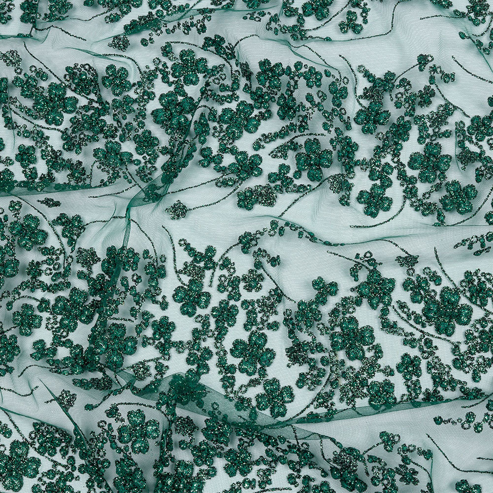 3D Puffy Glitter Tulle - Dark Emerald and Black Floral Stripes