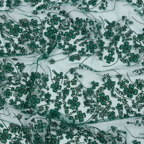 3D Puffy Glitter Tulle - Dark Emerald and Black Floral Stripes