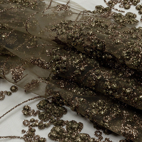3D Puffy Glitter Tulle - Mink Floral Stripes