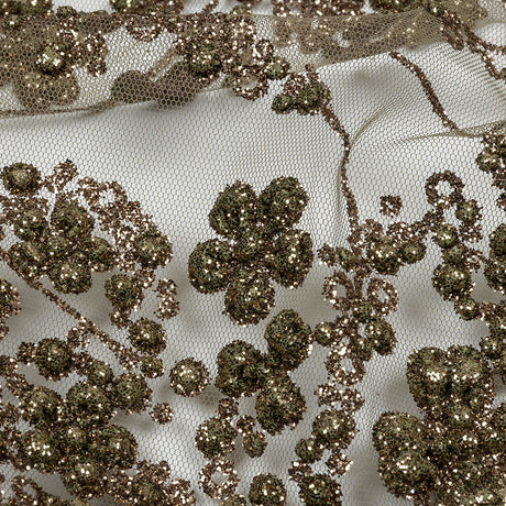 3D Puffy Glitter Tulle - Mink Floral Stripes
