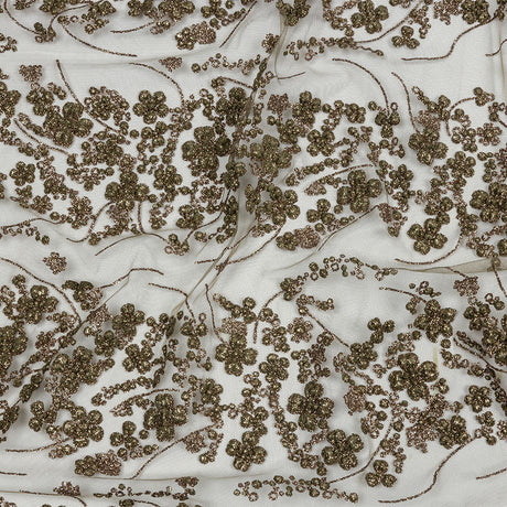 3D Puffy Glitter Tulle - Mink Floral Stripes