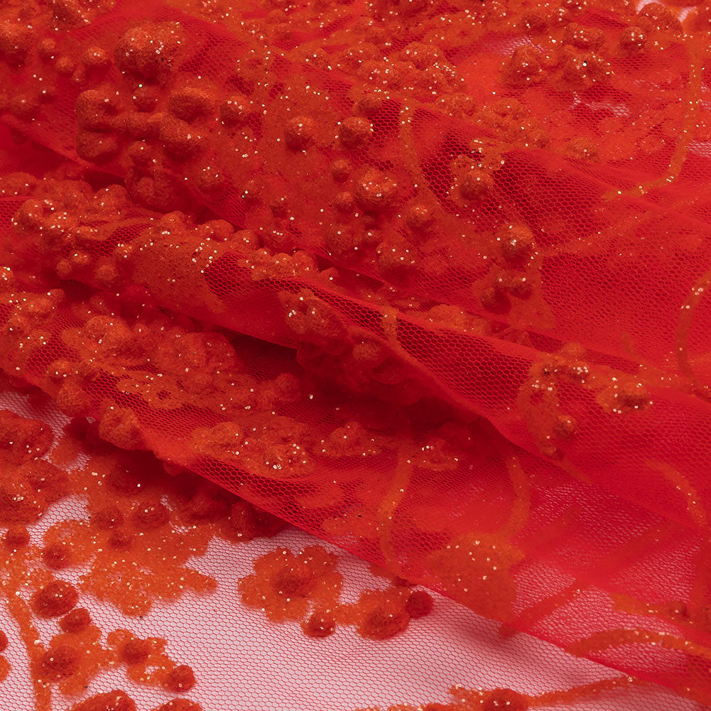 3D Puffy Glitter Tulle - Neon Orange Floral Stripes