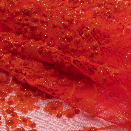 3D Puffy Glitter Tulle - Neon Orange Floral Stripes