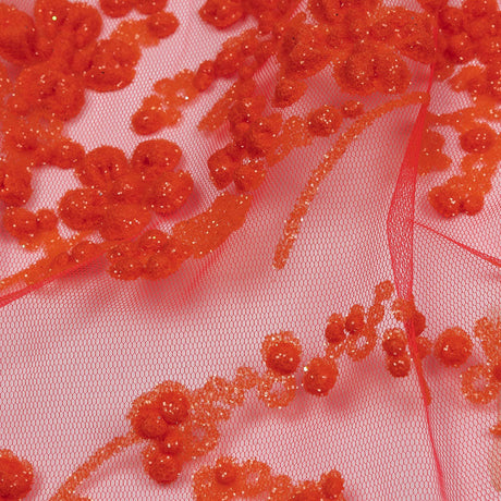 3D Puffy Glitter Tulle - Neon Orange Floral Stripes