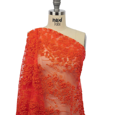 3D Puffy Glitter Tulle - Neon Orange Floral Stripes
