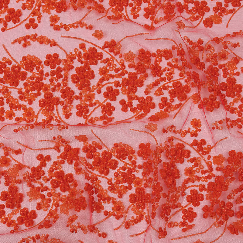3D Puffy Glitter Tulle - Neon Orange Floral Stripes