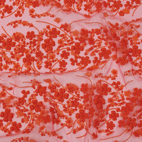 3D Puffy Glitter Tulle - Neon Orange Floral Stripes