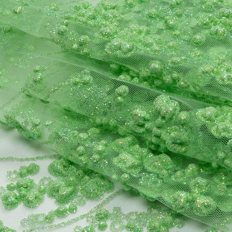 3D Puffy Glitter Tulle - Bright Mint Floral Stripes
