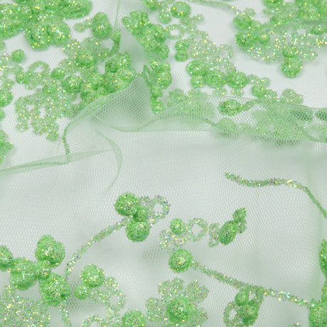 3D Puffy Glitter Tulle - Bright Mint Floral Stripes