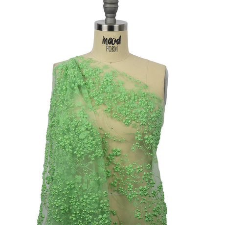 3D Puffy Glitter Tulle - Bright Mint Floral Stripes