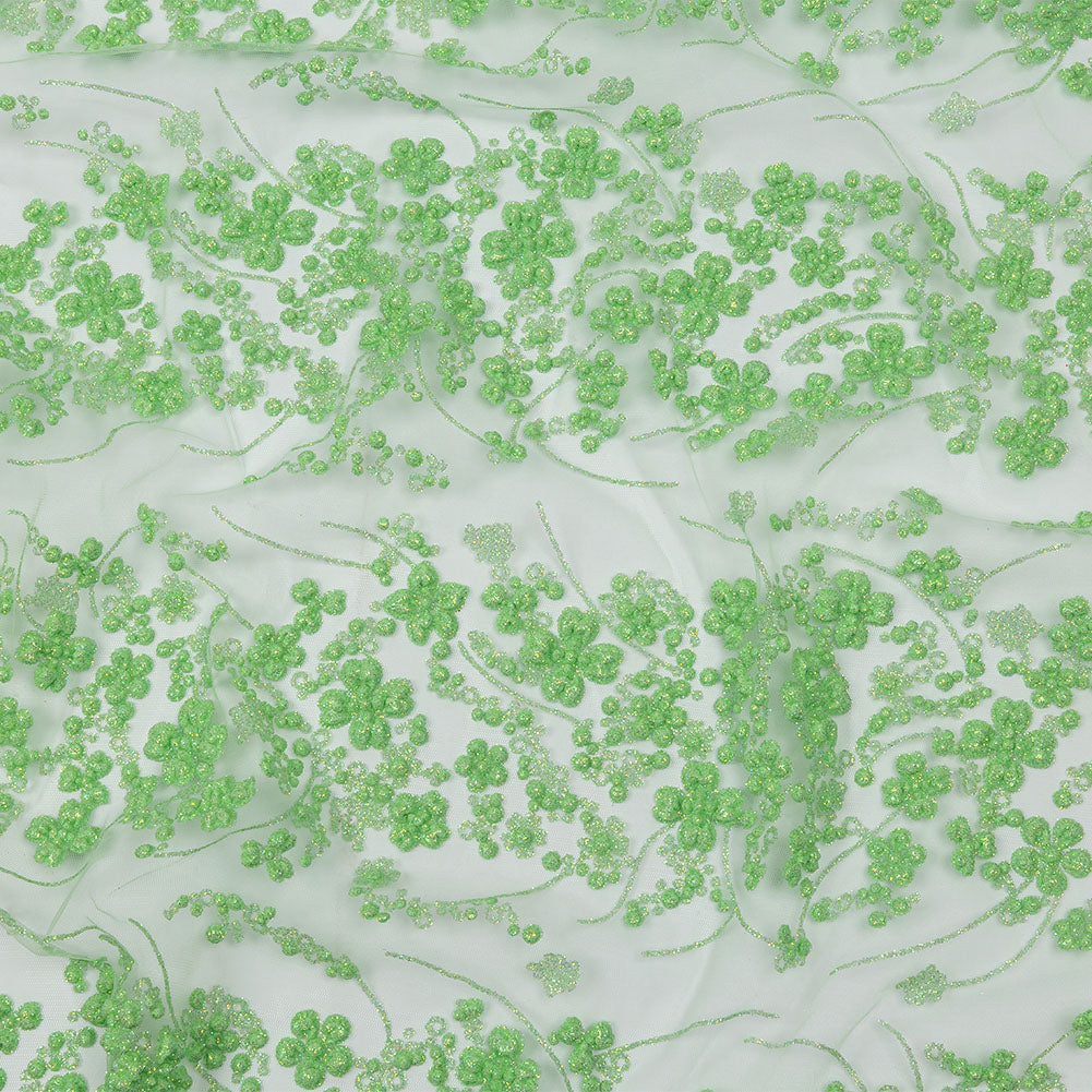 3D Puffy Glitter Tulle - Bright Mint Floral Stripes
