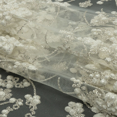 3D Puffy Glitter Tulle - Off White and Silver Floral Stripes