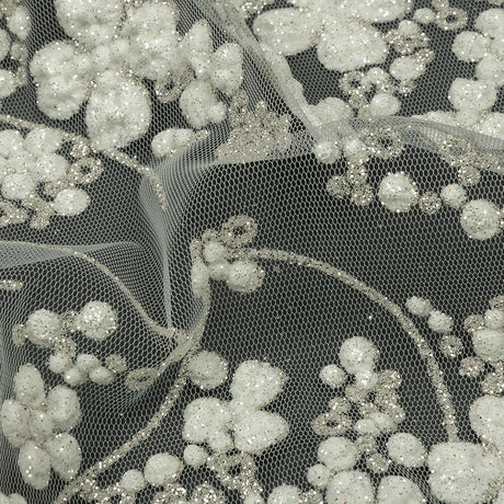 3D Puffy Glitter Tulle - Off White and Silver Floral Stripes