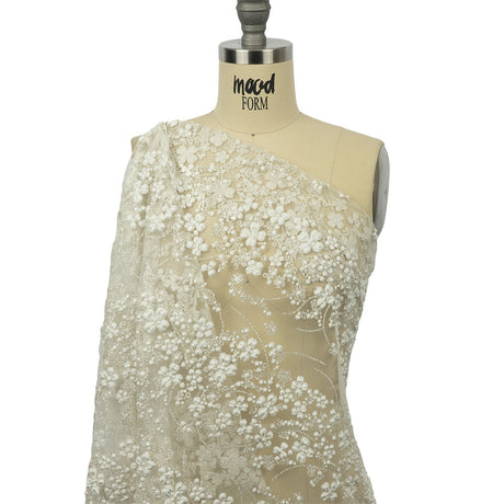 3D Puffy Glitter Tulle - Off White and Silver Floral Stripes