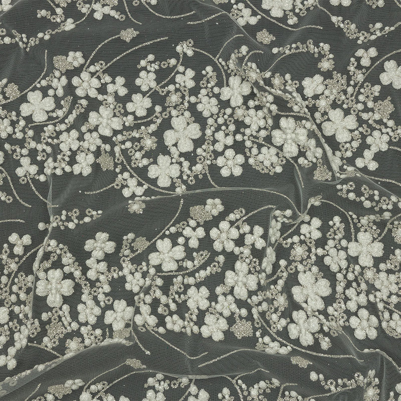 3D Puffy Glitter Tulle - Off White and Silver Floral Stripes