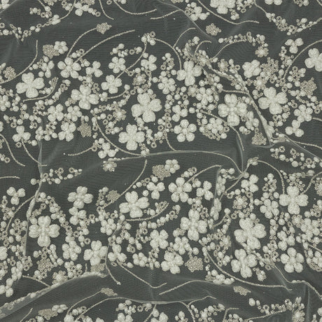 3D Puffy Glitter Tulle - Off White and Silver Floral Stripes