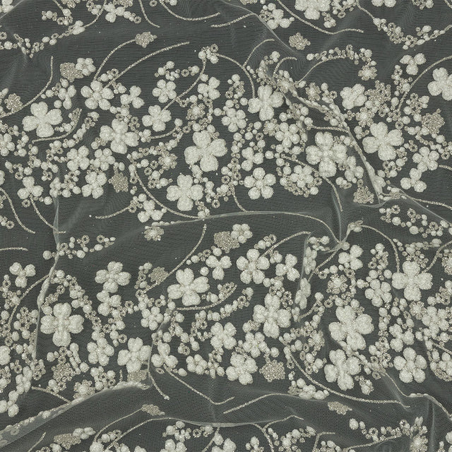 3D Puffy Glitter Tulle - Off White and Silver Floral Stripes
