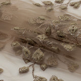 3D Puffy Glitter Tulle - Taupe Leafy Vines and Scalloped Borders