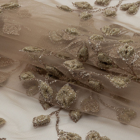 3D Puffy Glitter Tulle - Taupe Leafy Vines and Scalloped Borders