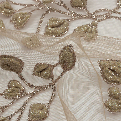 3D Puffy Glitter Tulle - Taupe Leafy Vines and Scalloped Borders